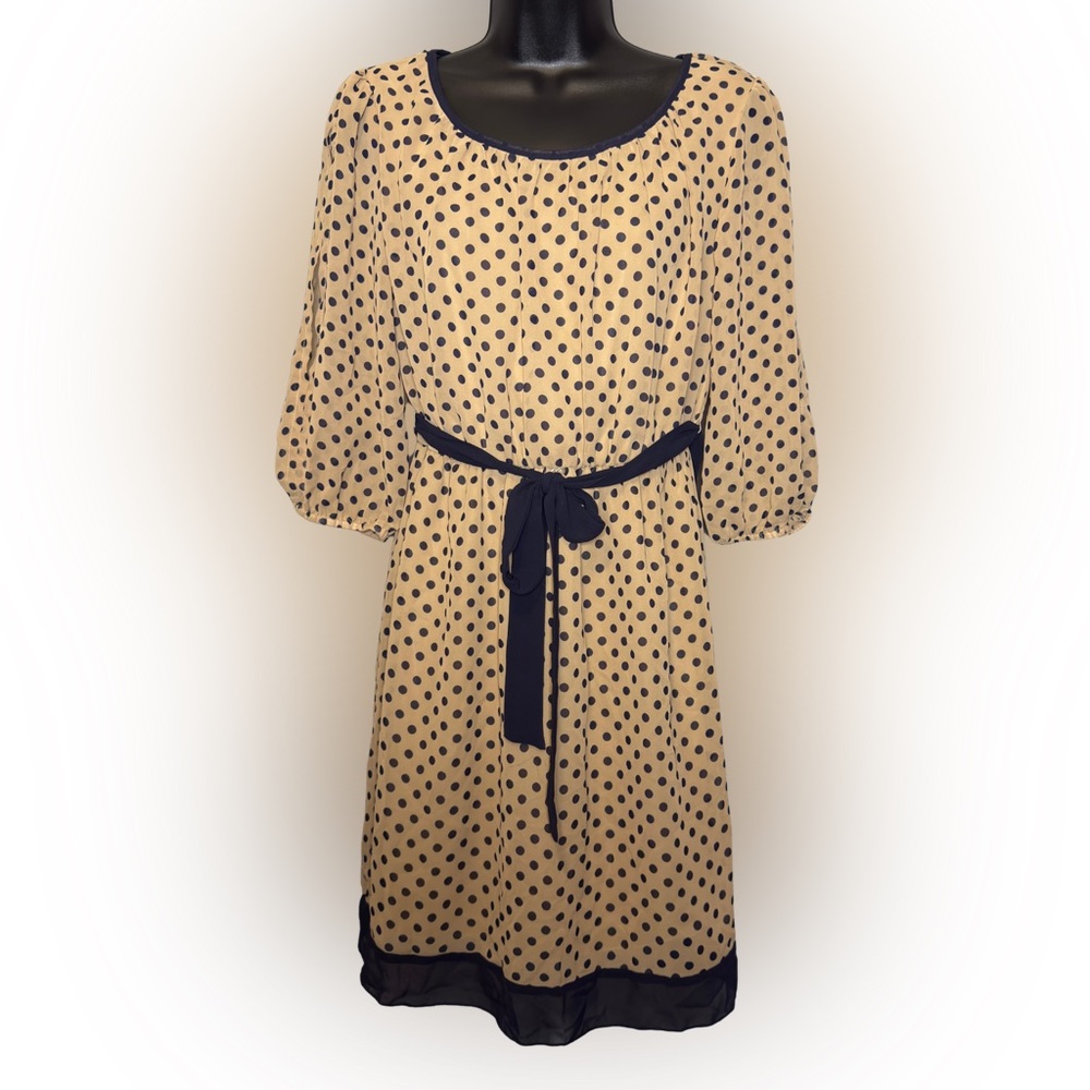 Enfocus Studio Tan Polka Dot Dress with Blue Dots and Belt